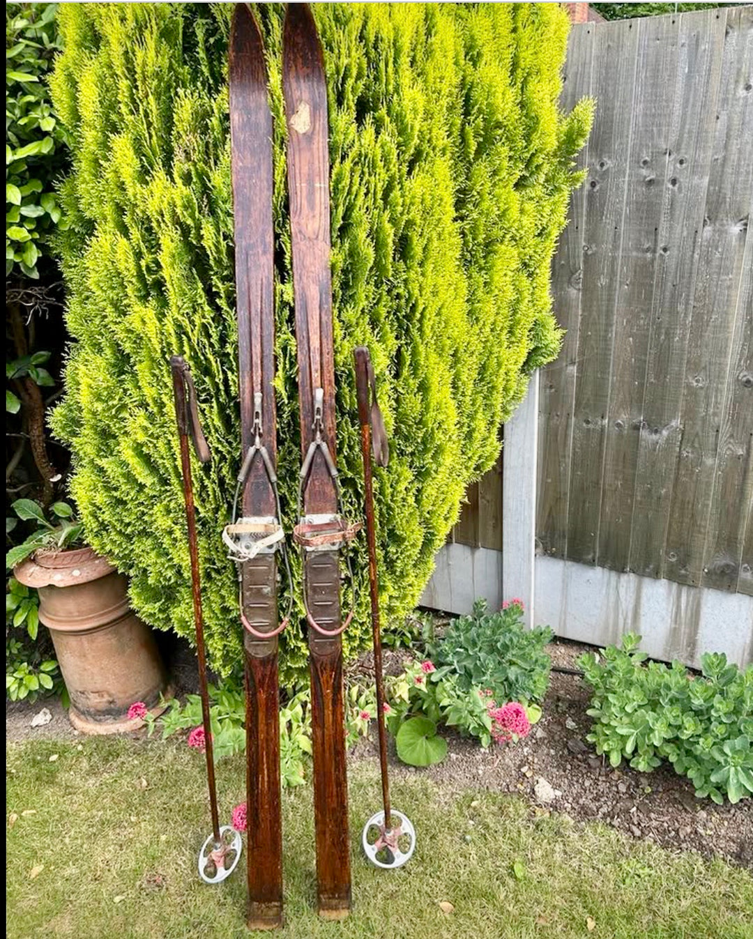 Pair Of Wooden Skis & Poles
