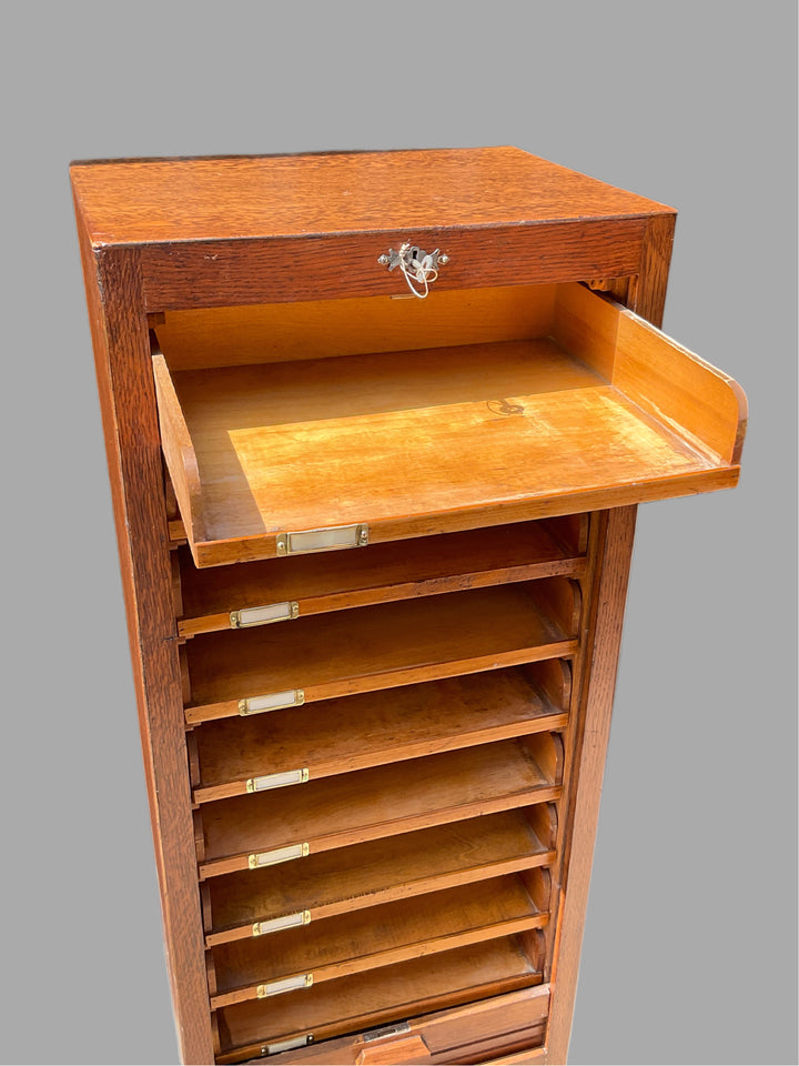 Oak Tambour Front Stationery/Collectors Cabinet