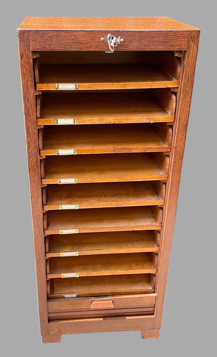 Oak Tambour Front Stationery/Collectors Cabinet