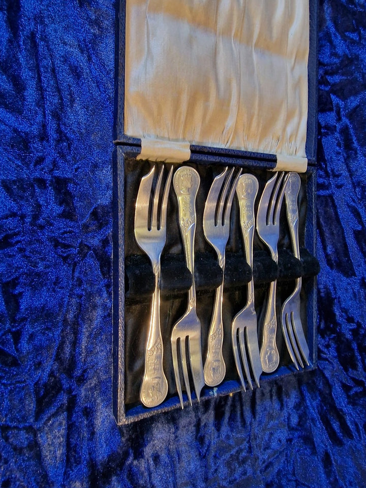 Six EPNS Queen Elizabeth Coronation Cake Forks
