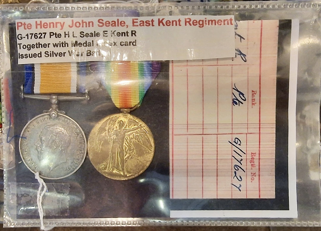East Kent Regiment Medals & Index Card Silver War Badge