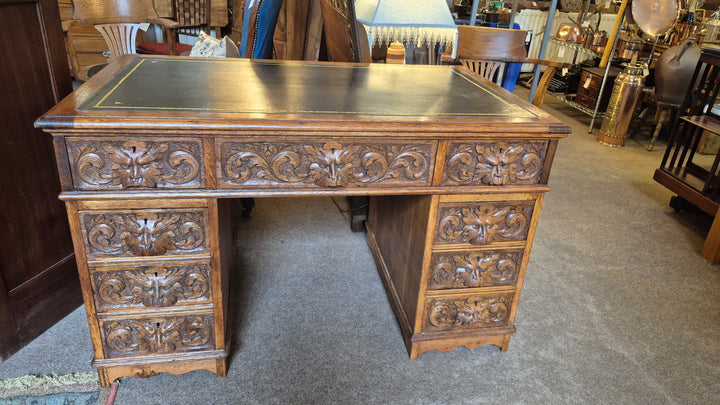 Victorian Carved Oak Pedestal Desk