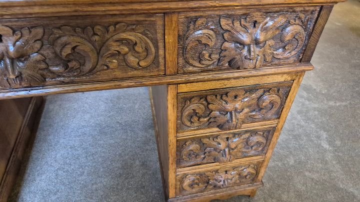 Victorian Carved Oak Pedestal Desk
