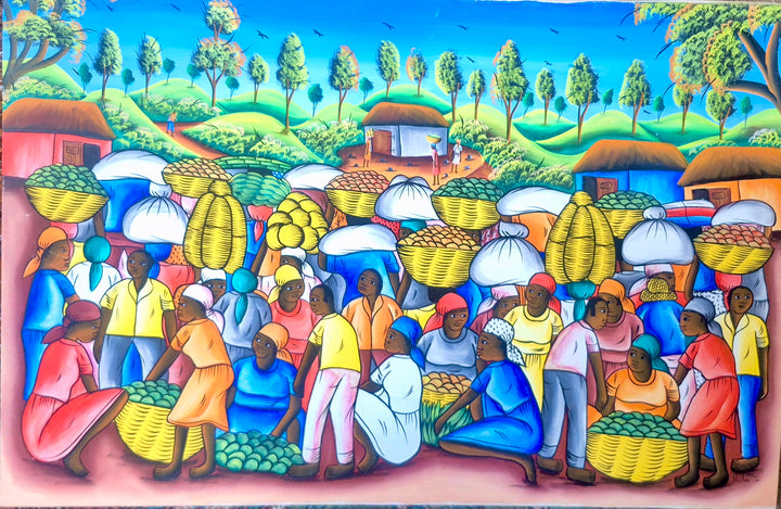 An Original Hand Painted Haitian Art Market Scene Signed