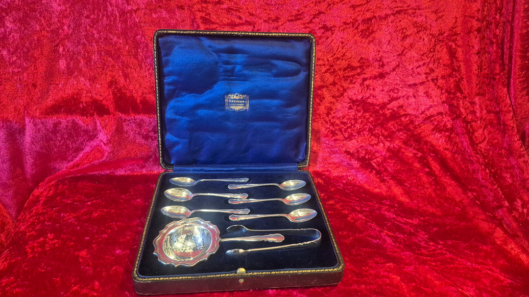 Antique Harrods Teaspoons, Strainer &amp; Tongs