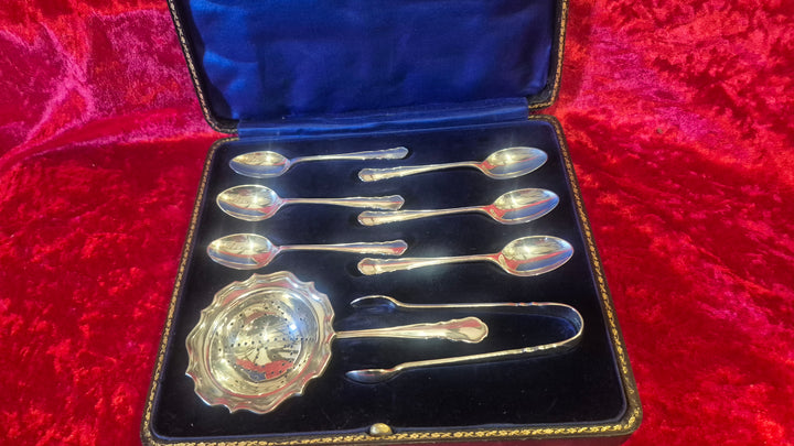 Antique Harrods Teaspoons, Strainer &amp; Tongs