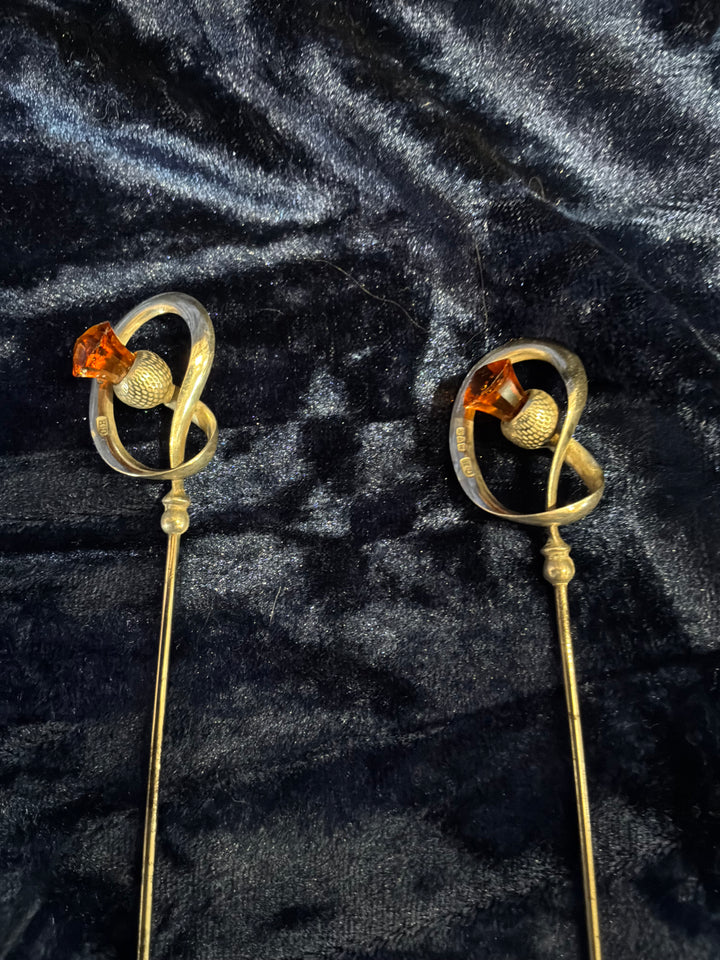 Pair Antique Charles Horner Silver Hat Pins