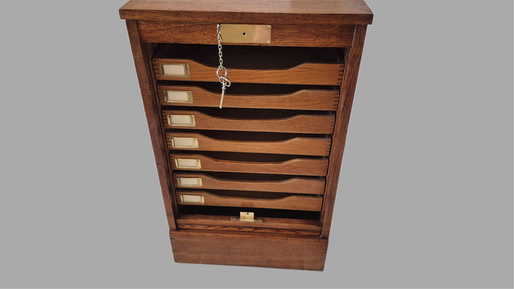 Vintage Mid 20th Century Oak Tambour Front Stationary/Collectors Cabinet