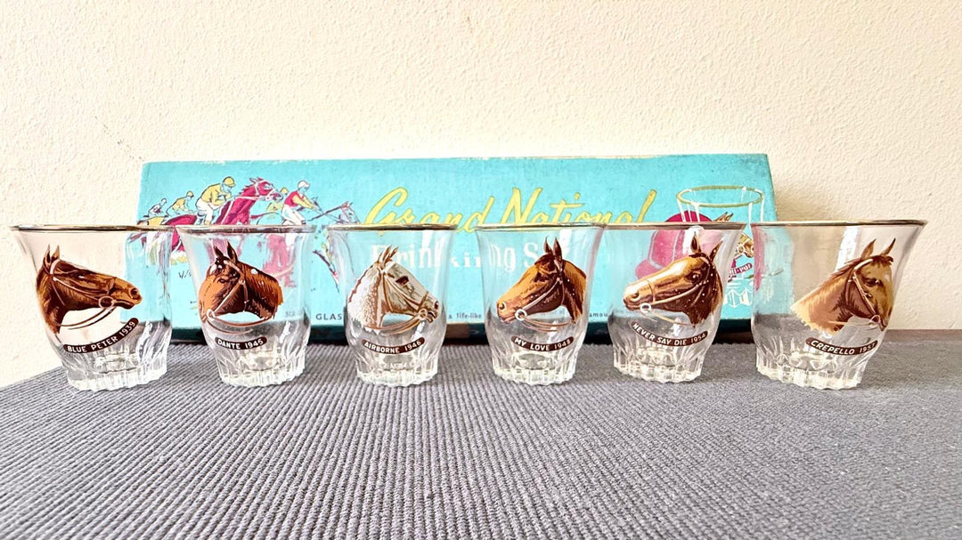 Vintage Mid Century gold rinmed Grand National glasses