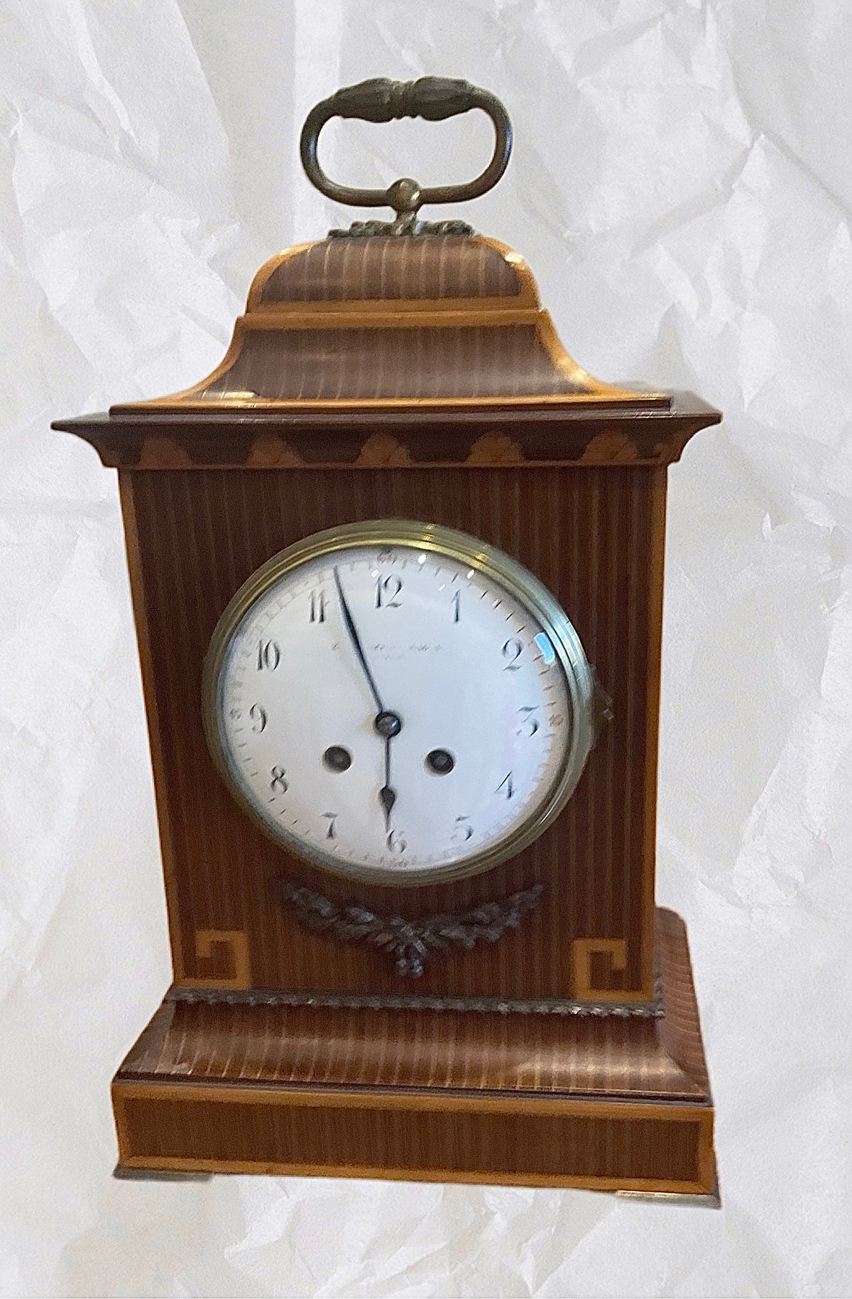 Edwardian mahogany Line inlaid Mantle Chiming Clock.