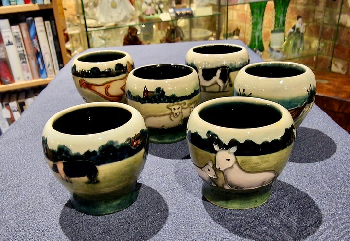 Six Moorcroft Farmyard Animal Egg Cups