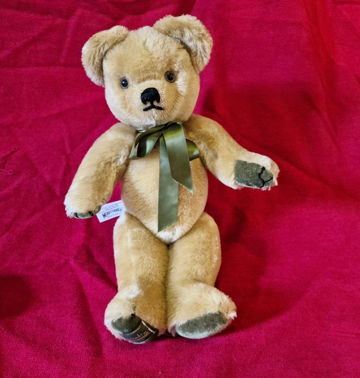 Harrods Merrythought ancien ours articulé fourrure beige noeud Harrods Merrythought ancien ours articulé fourrure beige noeud