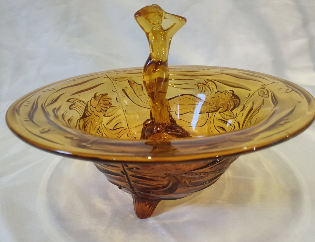 Art Deco Amber Glass Bowl And Lady